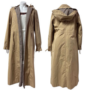 Vintage Made in Hong Kong Gingham Lined Hooded Tan Trench Coat